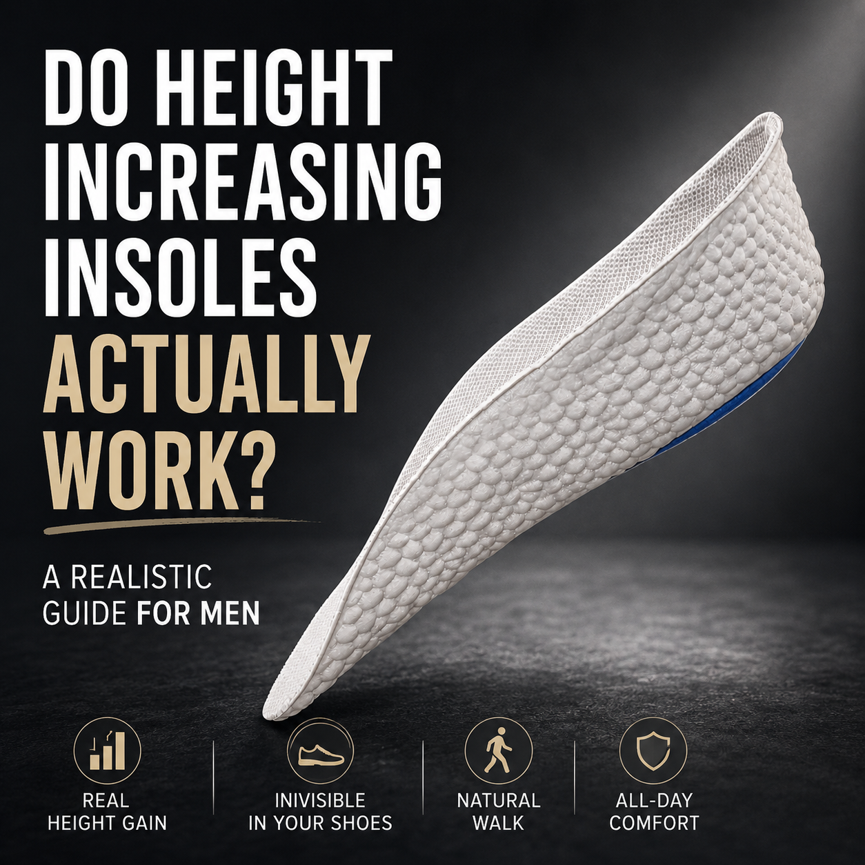 ÖNDÖRQ Elevate height-enhancing insole shown in profile view, featuring discreet heel lift, arch support, and an invisible height boost design for natural all-day wear.