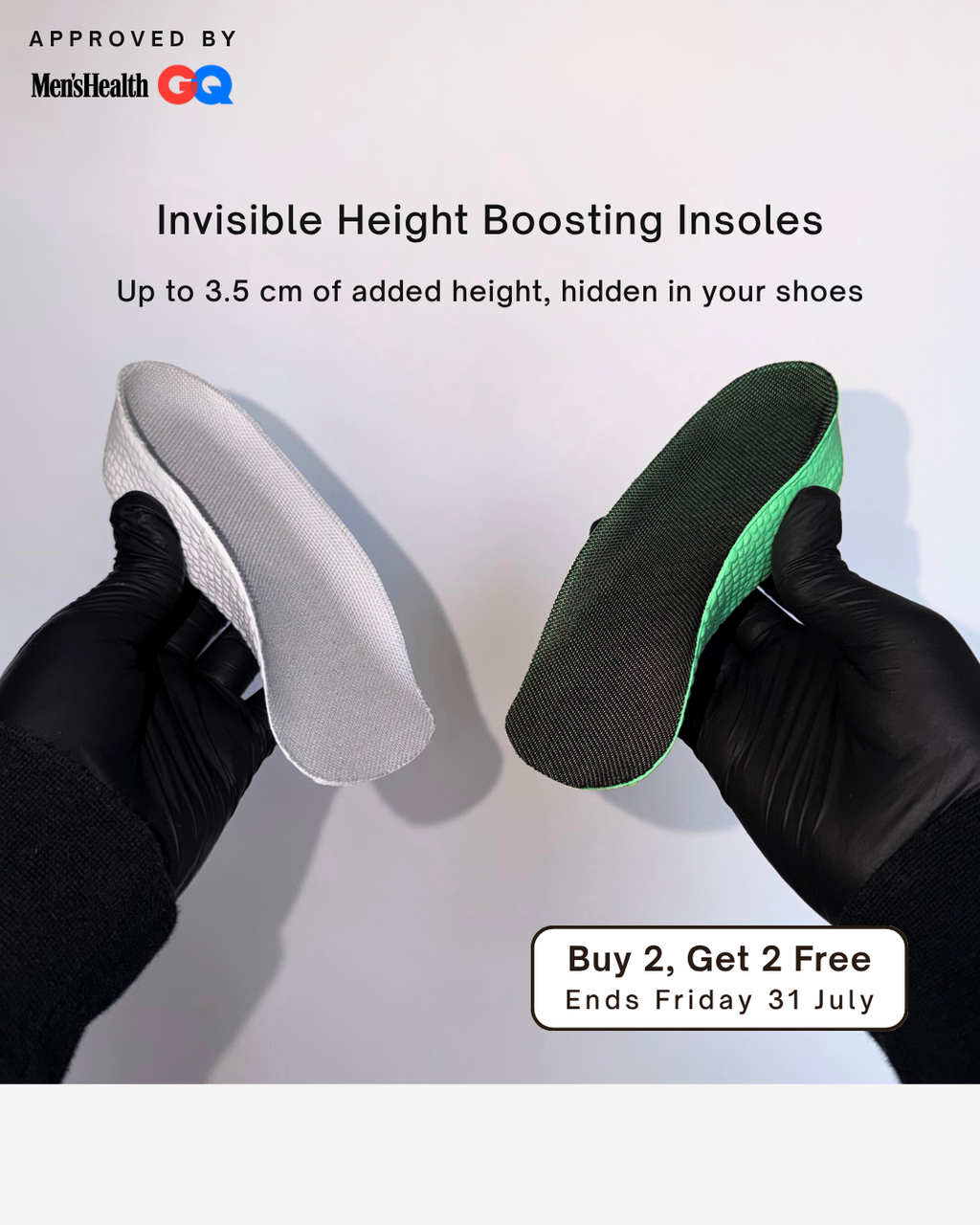 Two hands holding Öndörq Elevate Invisible height Insole for men against a plain light background, with promotional text reading 'Invisible Height Boosting Insoles' and a 'Buy 2 Get 2 Free' badge.