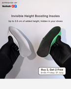 Two hands holding Öndörq Elevate Invisible height Insole for men against a plain light background, with promotional text reading 'Invisible Height Boosting Insoles' and a 'Buy 2 Get 2 Free' badge.