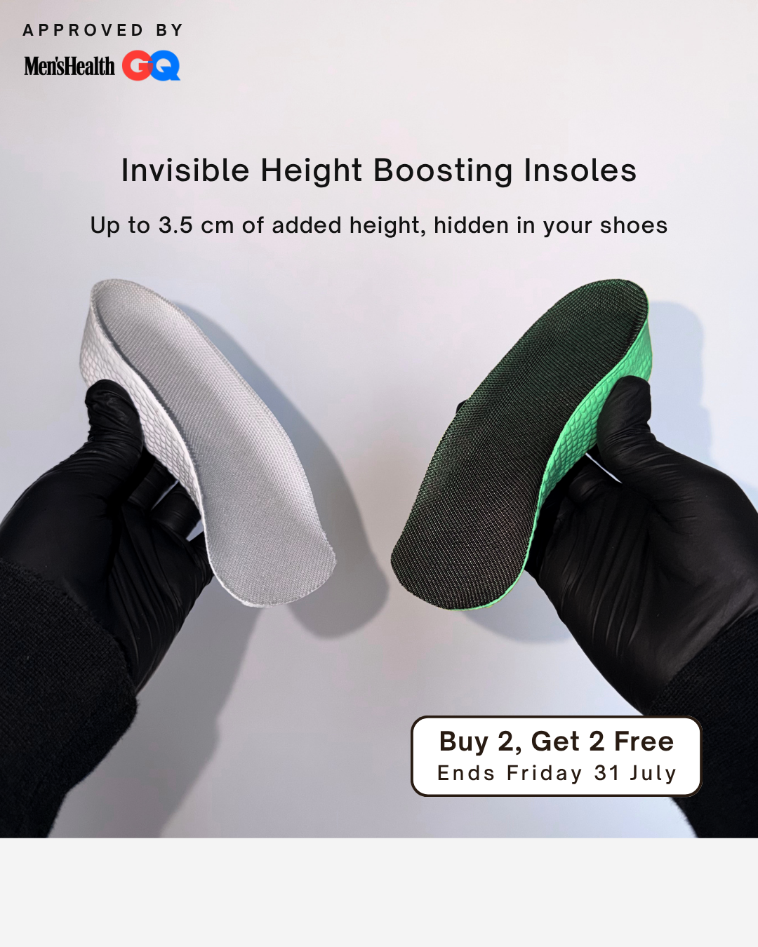 Two hands holding Öndörq Elevate Invisible height Insole for men against a plain light background, with promotional text reading 'Invisible Height Boosting Insoles' and a 'Buy 2 Get 2 Free' badge.