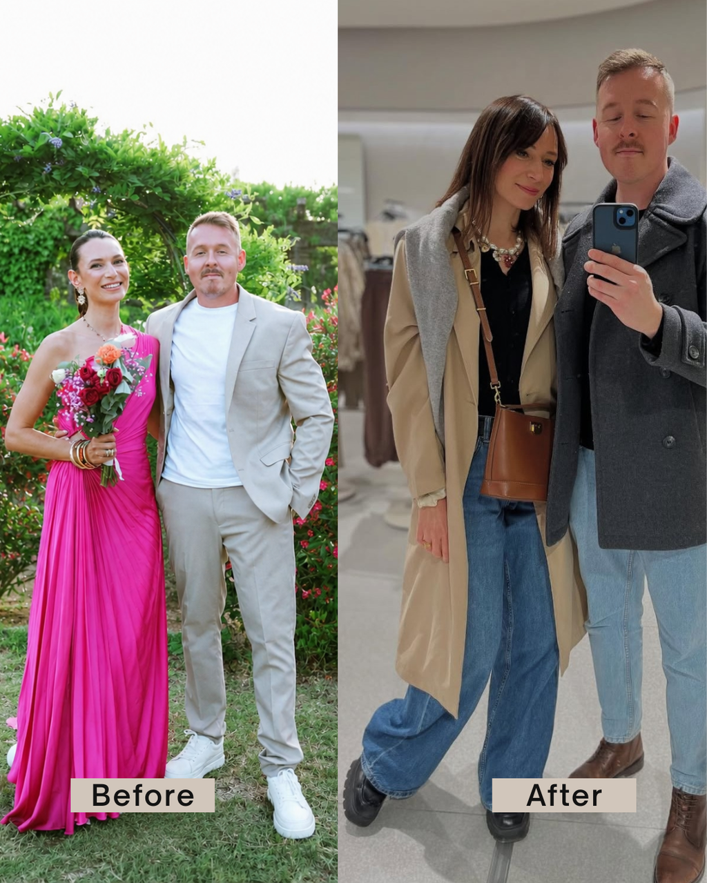 Before and after photo of a man and a woman showing the clearly visible height gain thanks to wearing Öndörq Elevate Invisible height Insole for men.