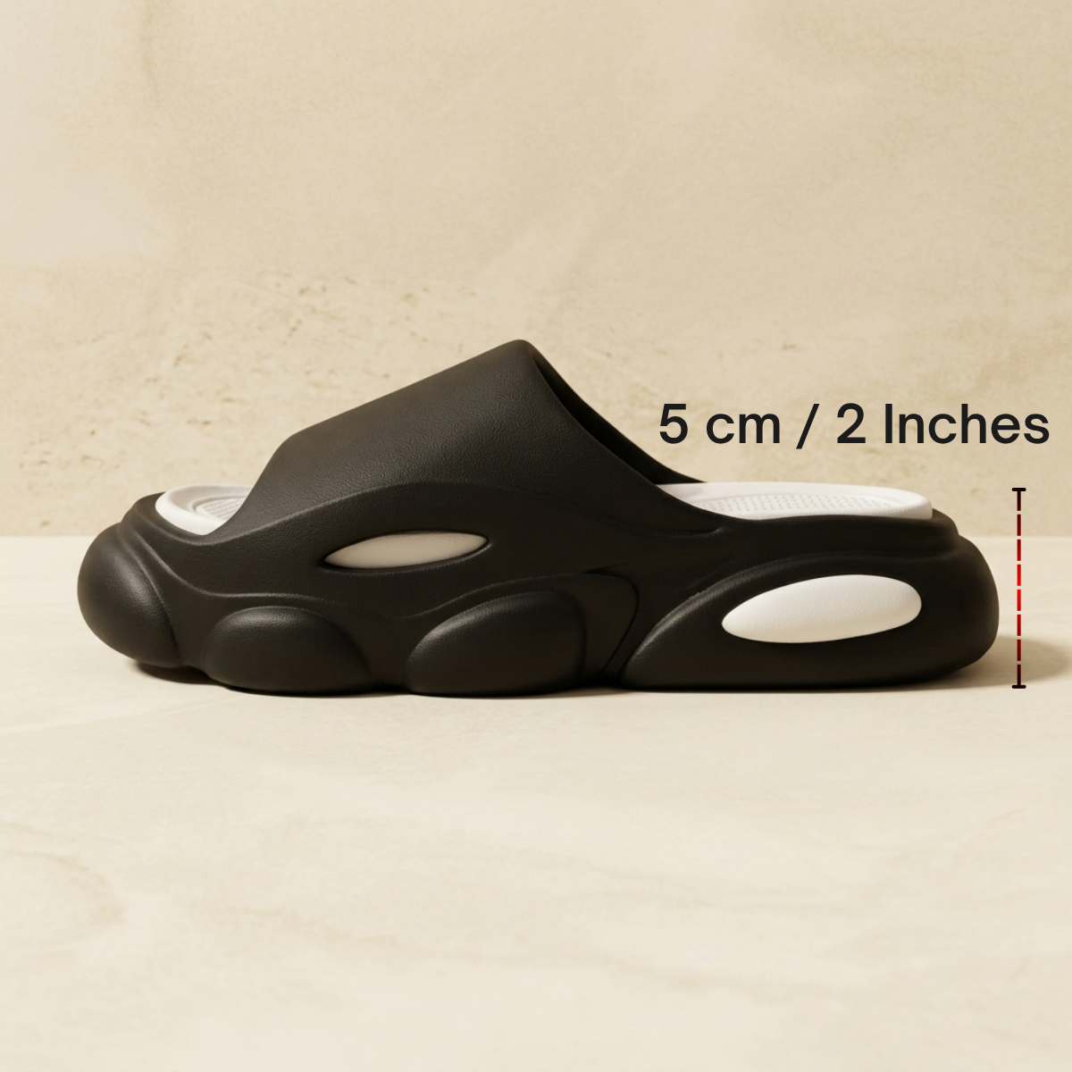 Image of ÖNDÖRQ Elevate Slides | 5cm Height Boost from the outside showing height gain measurement and insole height at 5 cm / 2 inches.