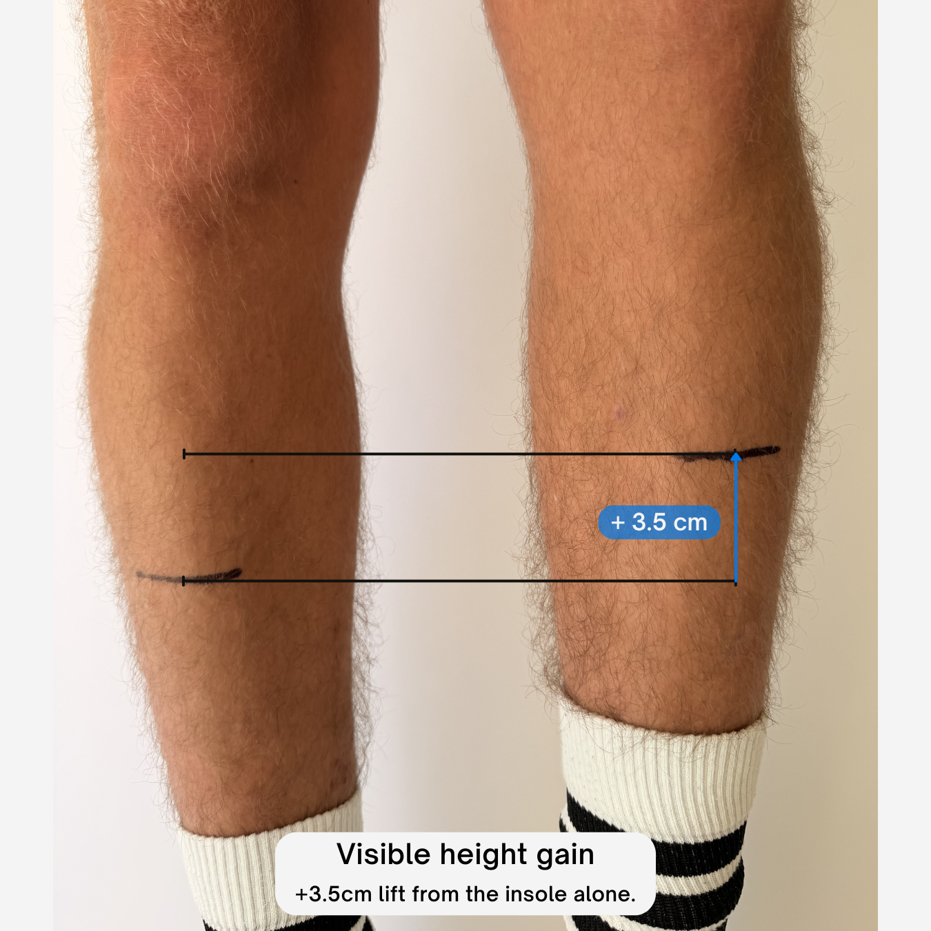 Close-up of a person's legs showing the height gain, with measurement lines, from wearing Öndörq Elevate invisible height insoles for men and text indicating height, presence, and confidence metrics.