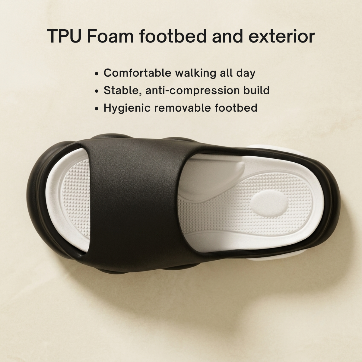 Image of ÖNDÖRQ Elevate Slides | 5cm Height Boost from above showing 2 part TPU foam construction.