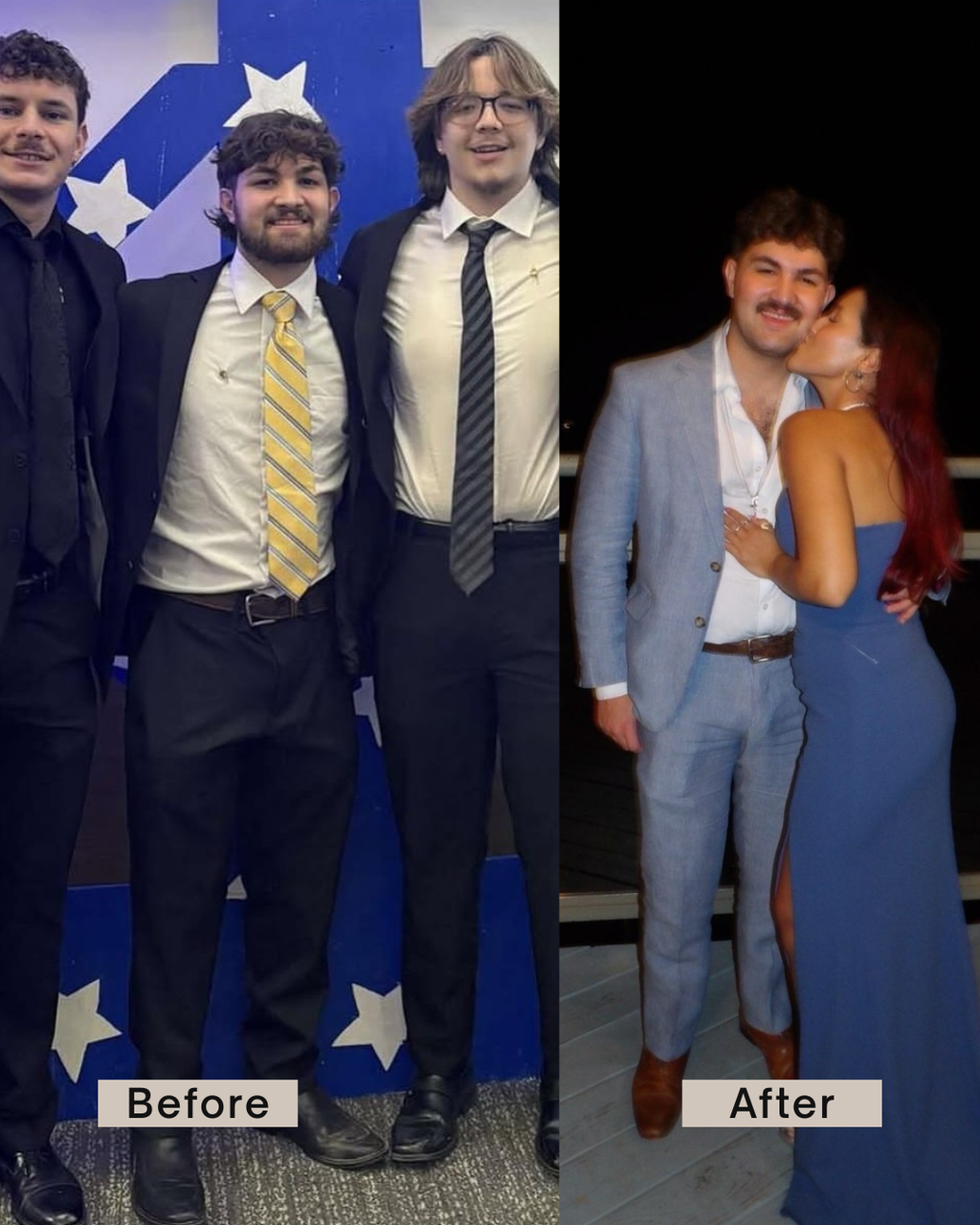 Before and after photo of a man and a woman showing the clearly visible height gain thanks to wearing Öndörq Elevate Invisible height Insole for men.