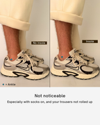 A split-screen lifestyle image showing a person's ankle wearing a pair of Nike sneakers with Öndörq Elevate Invisible height Insole for men. The image includes a text overlay explaining that the shoe's design is not noticeable, especially when wearing socks and rolled-up trousers.