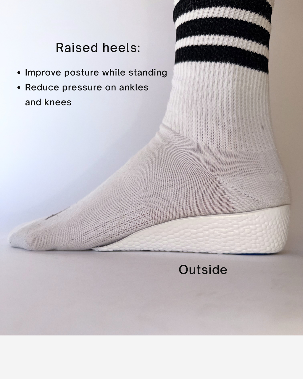 A side view of an Öndörq Elevate Invisible height Insole for men, showing the sole and text overlays explaining heel elevation benefits.