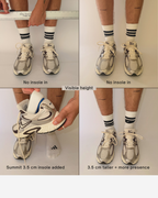 Four-panel before-and-after comparison showing a person wearing athletic sneakers with white socks, demonstrating Öndörq Elevate Invisible height Insole for men measurements and fit. Text labels include 'No insole in,' 'Before and after,' 'Summit 3.5 cm insole added'