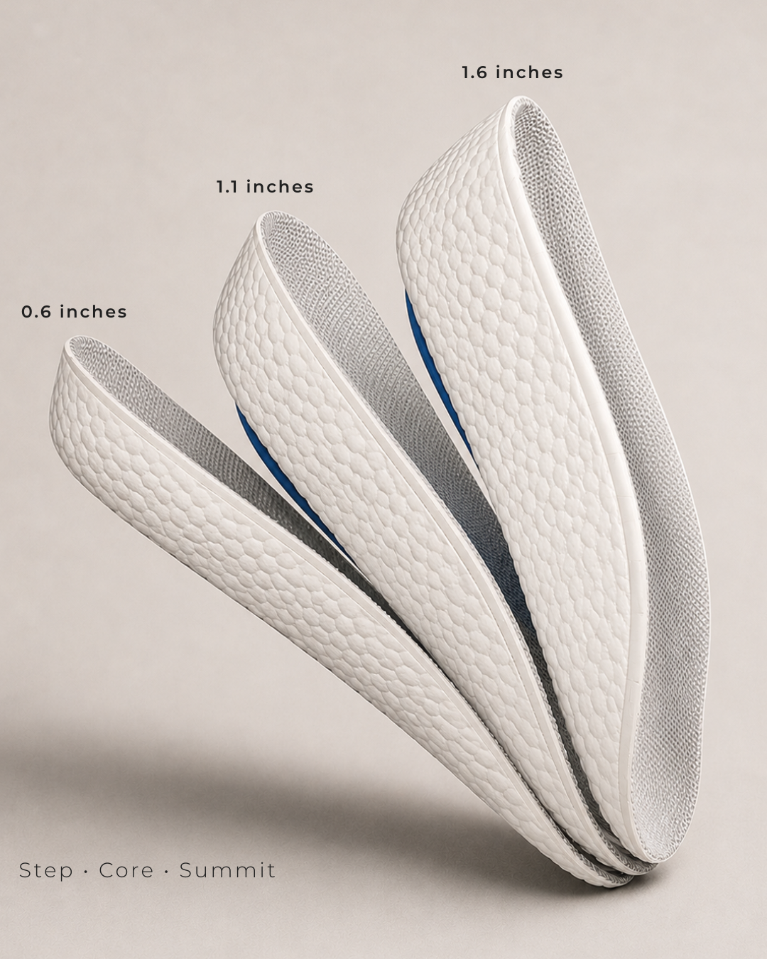White ÖNDÖRQ Elevate Step, Core, and Summit insoles with measurement in inches on neutral background