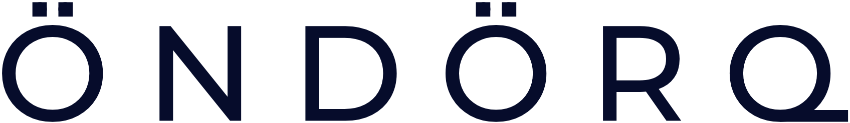Navy blue wide spaced lettering saying "ÖNDÖRQ" - the brand name - on a white background.