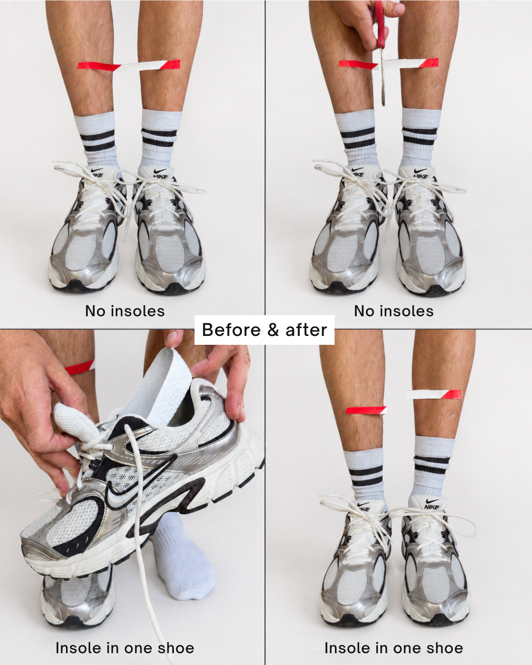 A four-panel before-and-after demonstration showing how to use an insole. The bottom right image shows the final height gain from wearing ondorq elevate height boosting insole for men in shoes