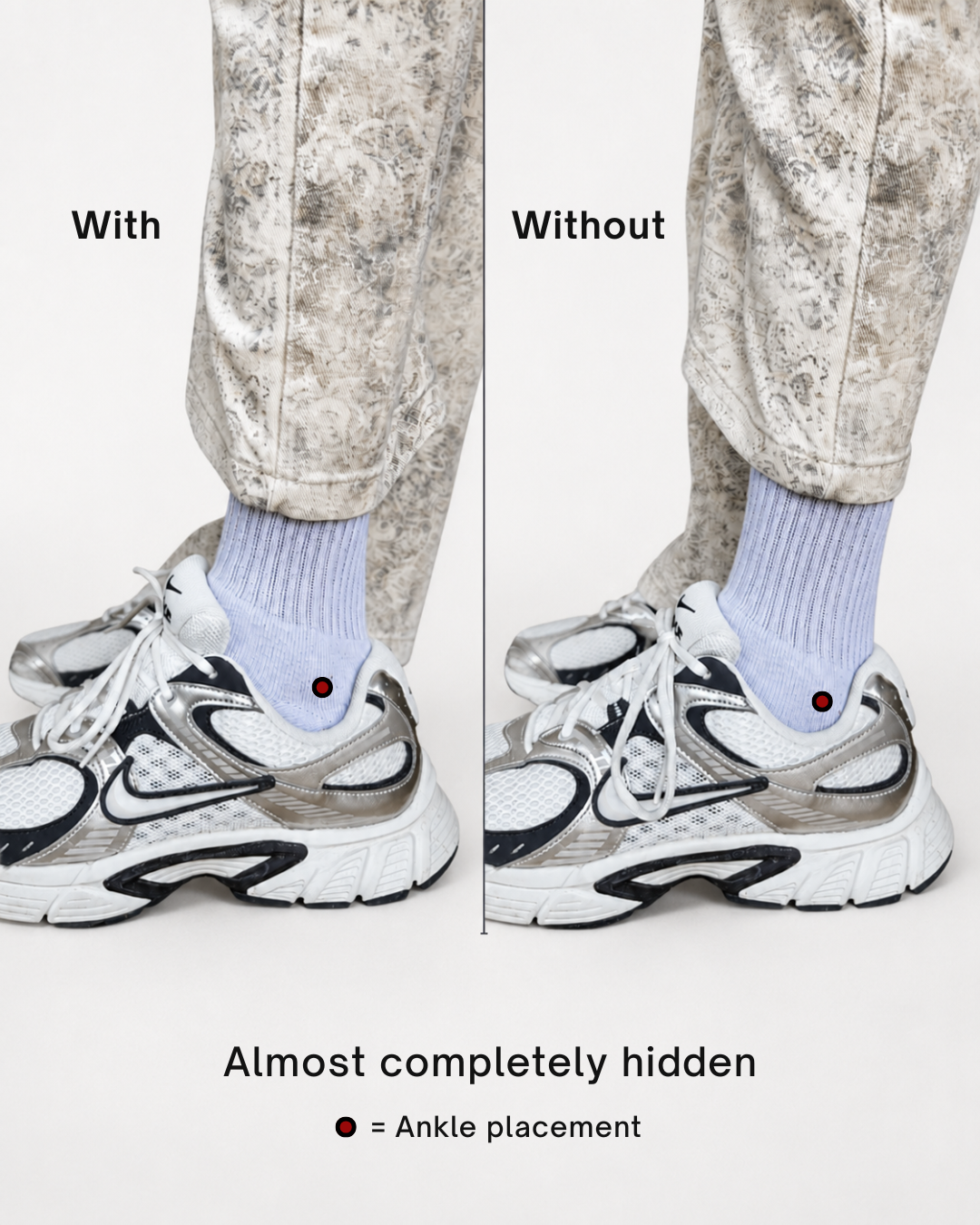 side by side comparison image with ondorq elevate height boosting insole for men in one shoe and no insole in the other